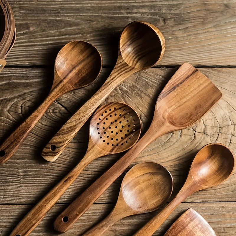 Wooden Kitchen Utensil Set with Non-Stick Spatula Soup Spoon and Spoon Combo Durable and High Quality