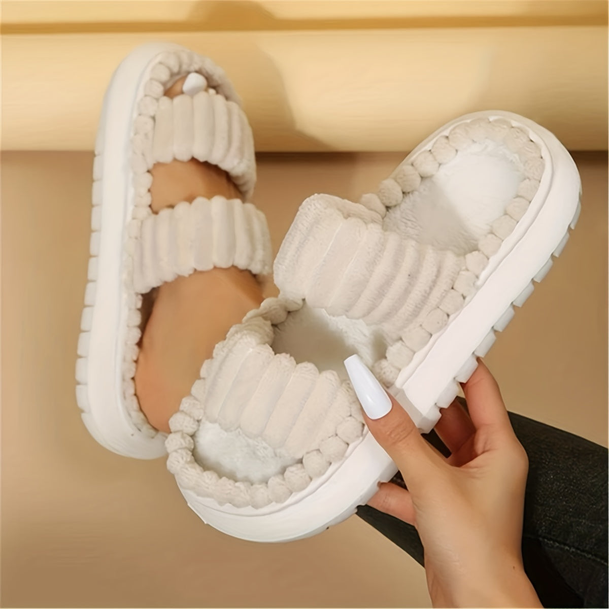 Women's Plush Slippers Open Toe Non Slip Indoor Platform Slides