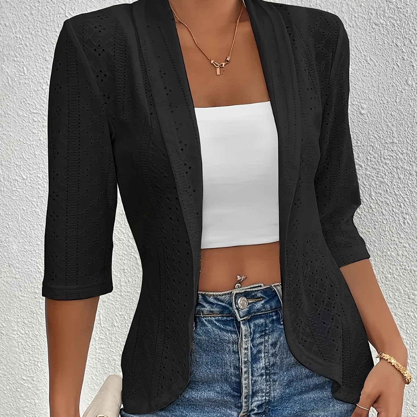 Plus Size Women's Light White Half Sleeve Cardigan with Eyelet Embroidery