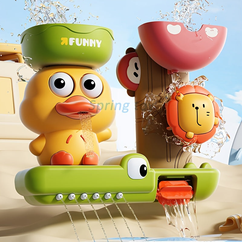 Colorful Cartoon Duck Bath Toy Set for Kids with Suction Cup Spraying and Rotating Features in Orange Green Yellow