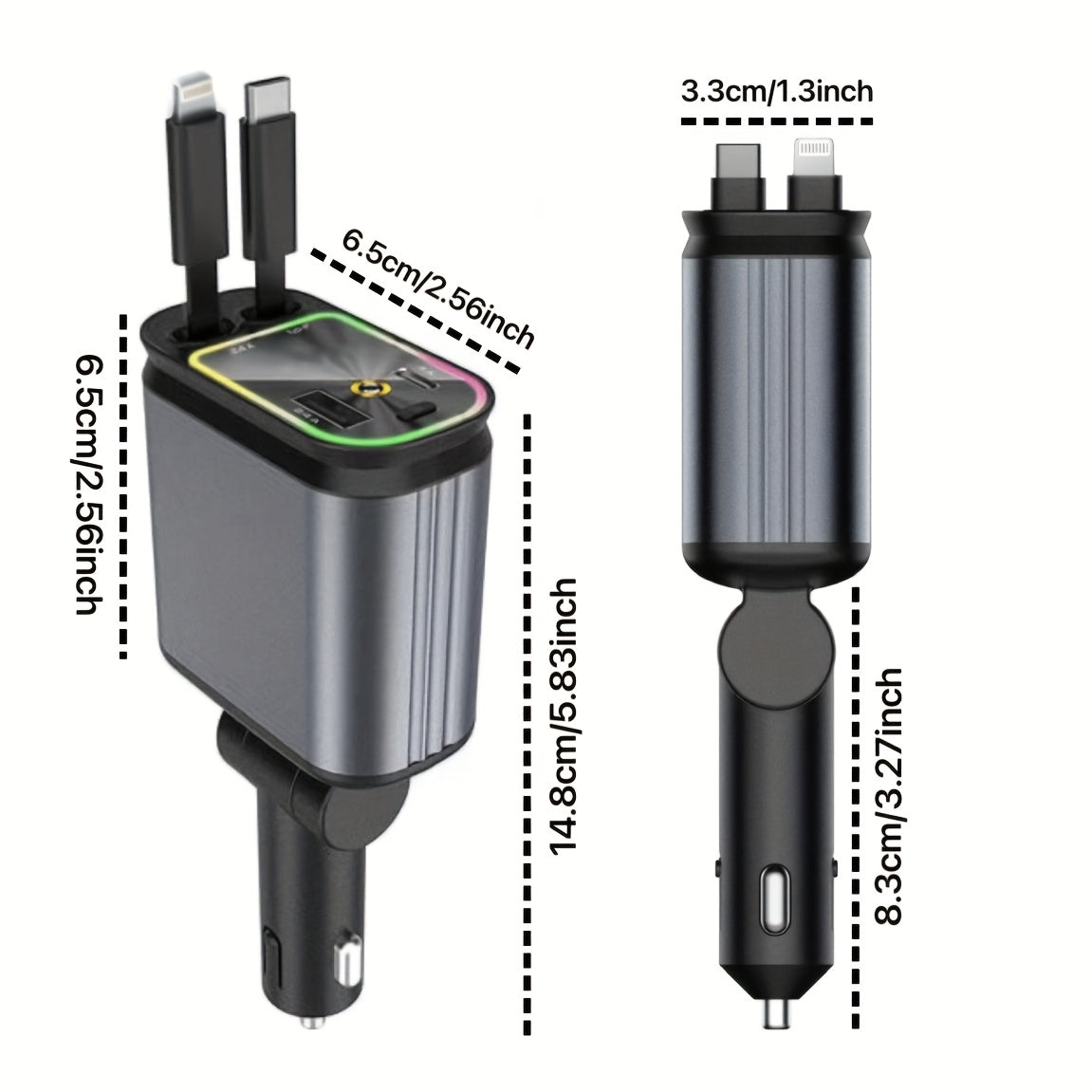 Cargador de coche retráctil 4 en 1 de 66W con carga rápida, luz LED y lámpara LED