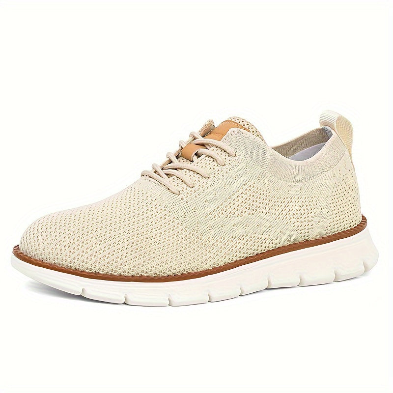 Men's Breathable Knit Business Casual Shoes Beige Brown Leather Upper EVA Sole Round Toe All-Season