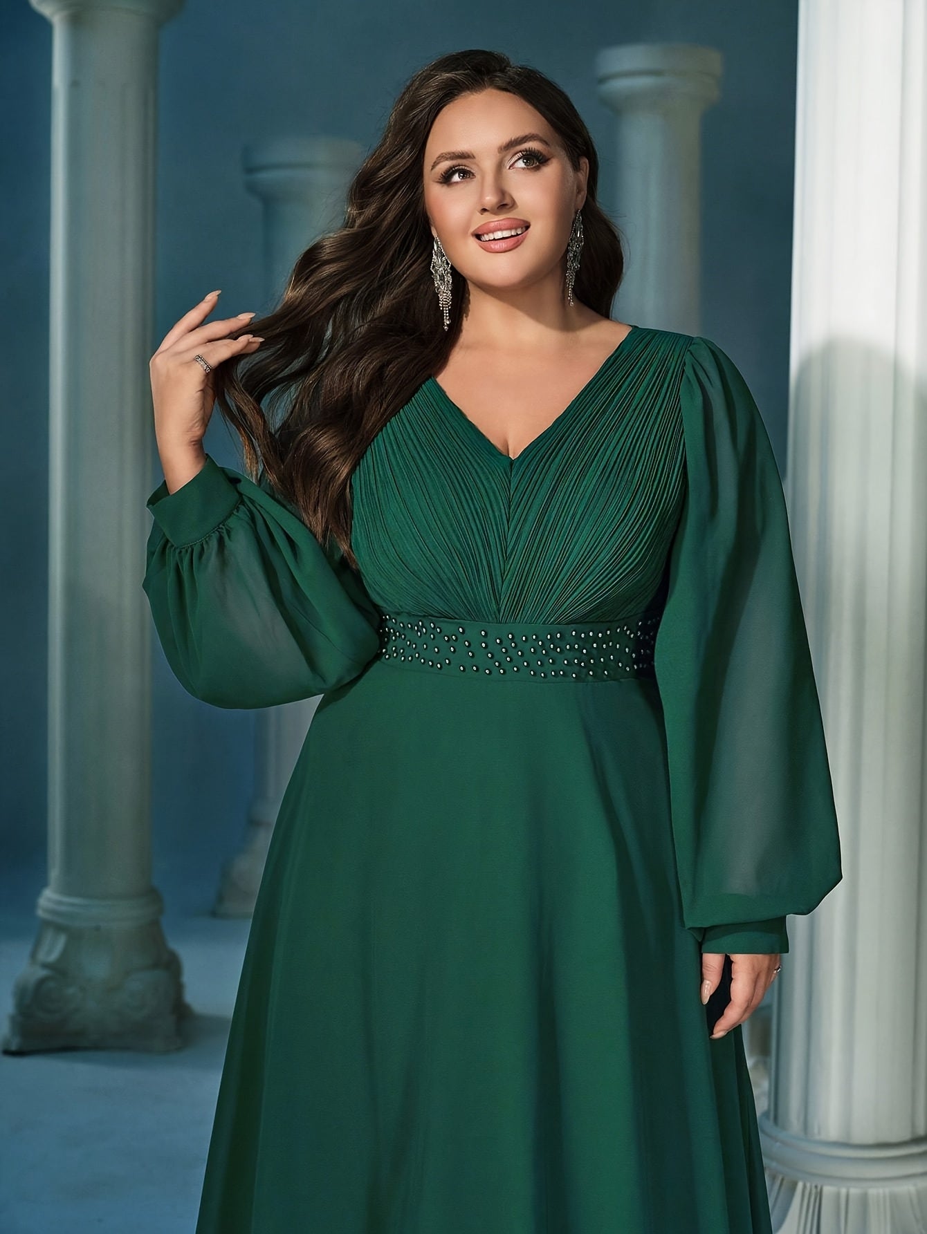 Women Emerald Green Rhinestone V-Neck Lantern Sleeve Evening Gown