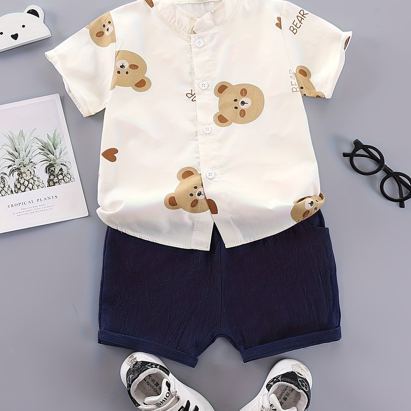 Boys Summer Outfit Cotton Short Set Cartoon Bear Print Woven Pants Outdoor Activities