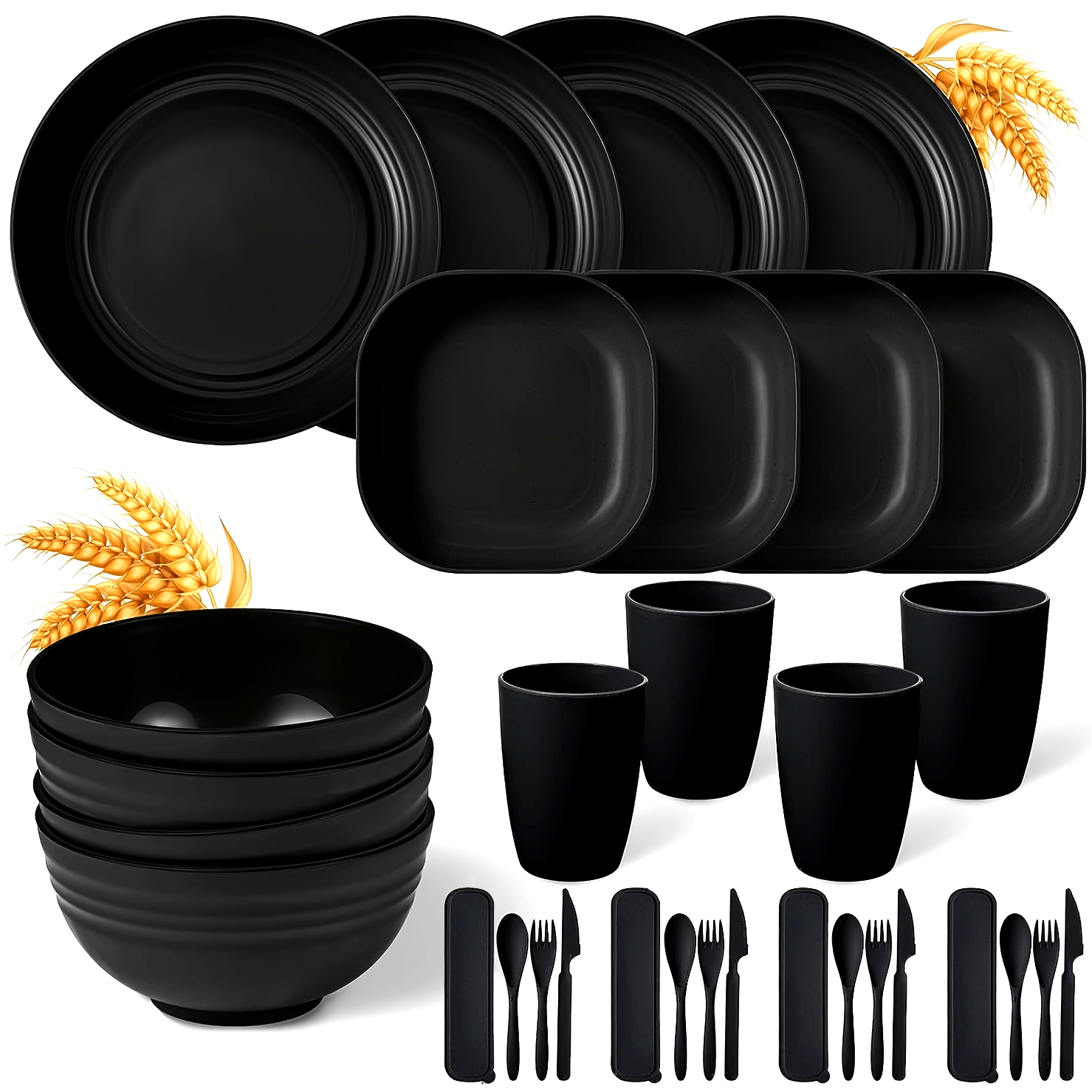 32-Piece Unbreakable Microwave-Safe Camping Cutlery Set with Plates Bowls Cups
