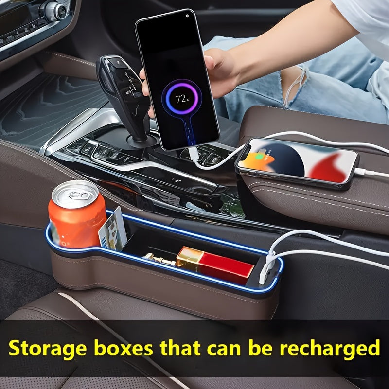 Universal Faux Leather Seat Crevice Organizer with Ambient Light and USB Charging