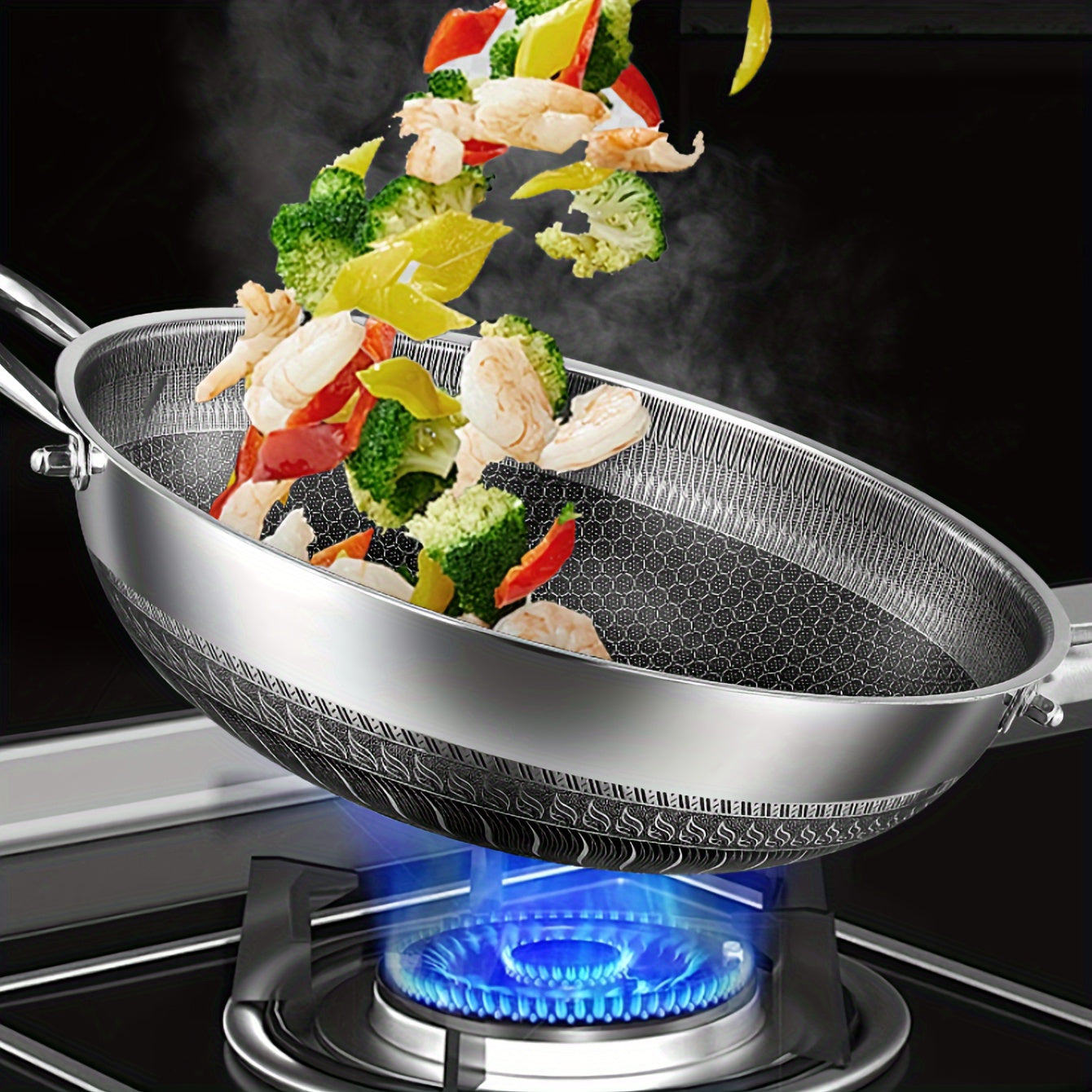 Stainless Steel Frying Pan with Lid Handle Non-Stick for Induction Gas Camping 32cm 34cm 36cm