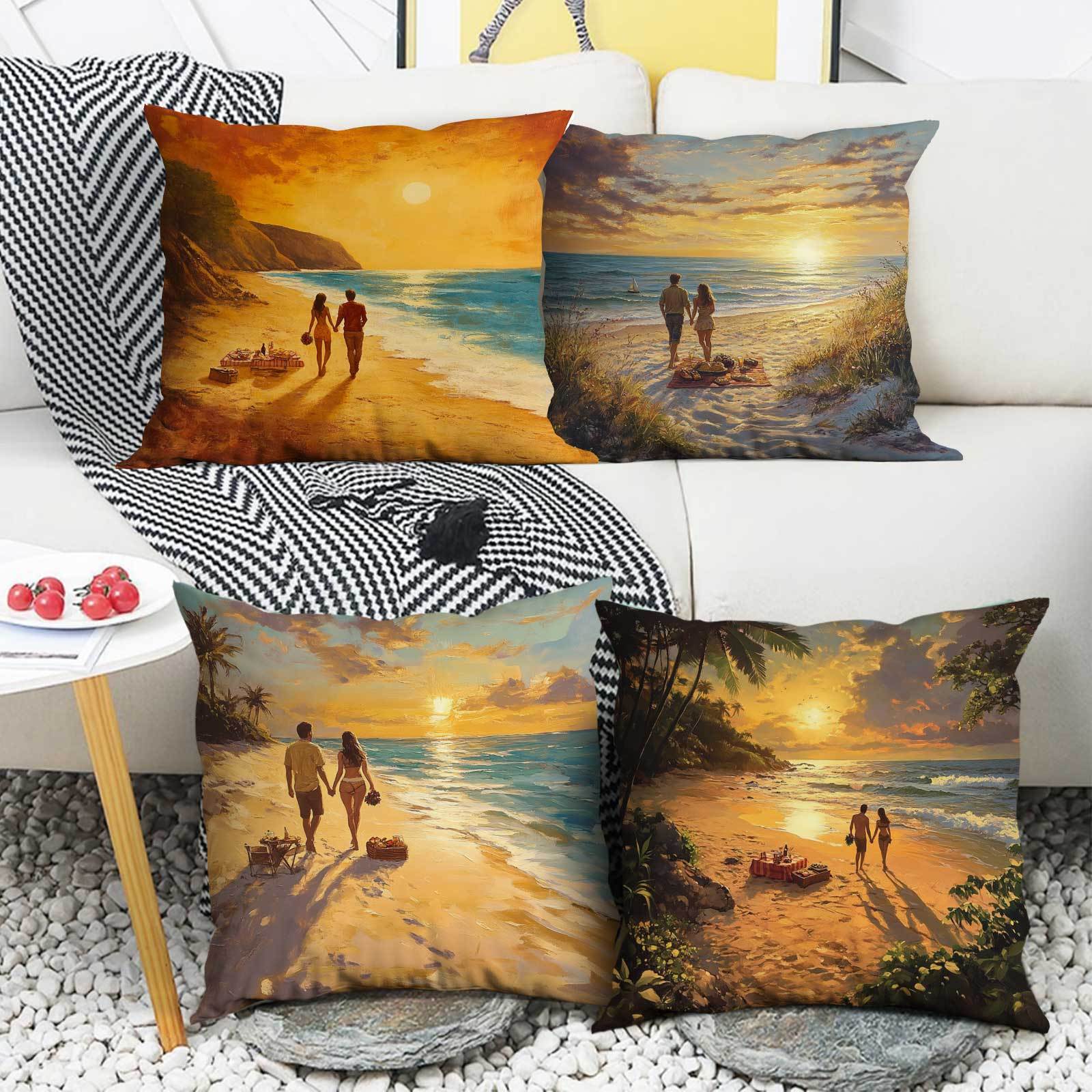 Set of 4 Coastal Sunset Beach Walk Cushion Covers Polyester Zipper Closure Machine Washable