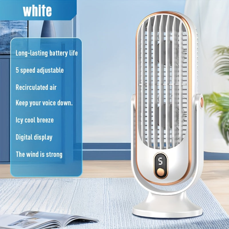 USB-Powered Desktop Fan with 1200mAh Battery, Digital Display, 5-Speed Control for Office Travel Camping