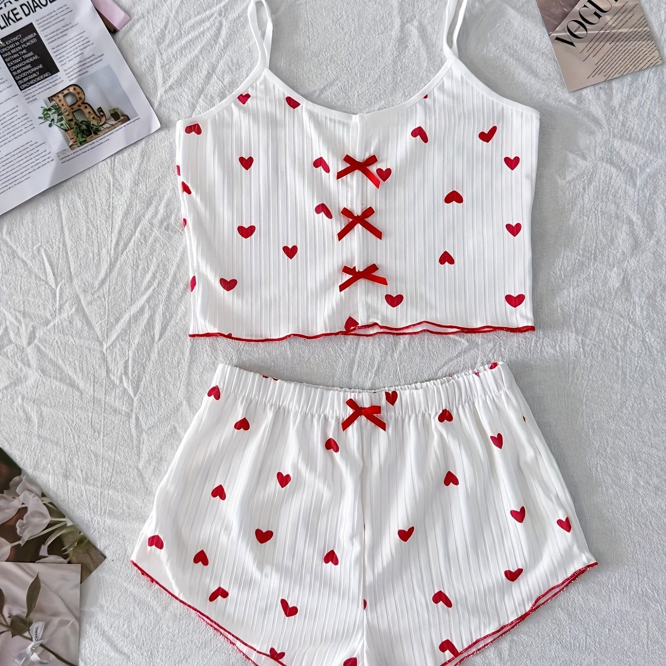 Heart Print Ribbed Pajama Set for Women Backless Crop Top Shorts Summer Nightwear
