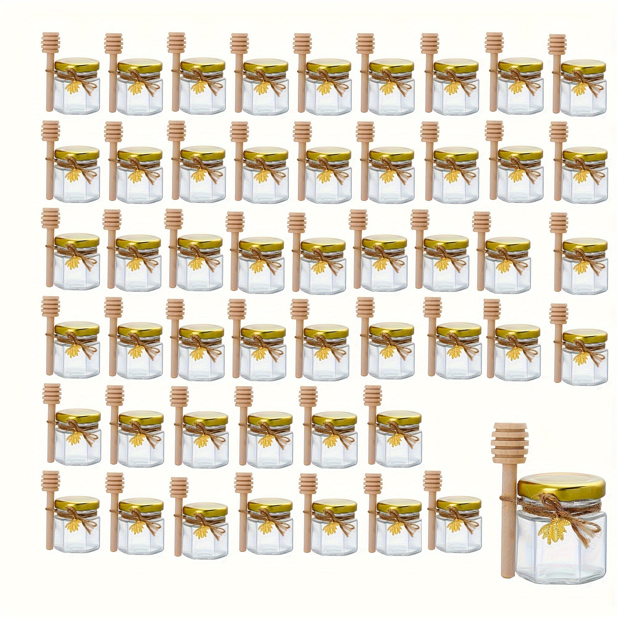 Hexagonal Glass Jar with Gold Lid and Wooden Bucket for Food Storage and Events