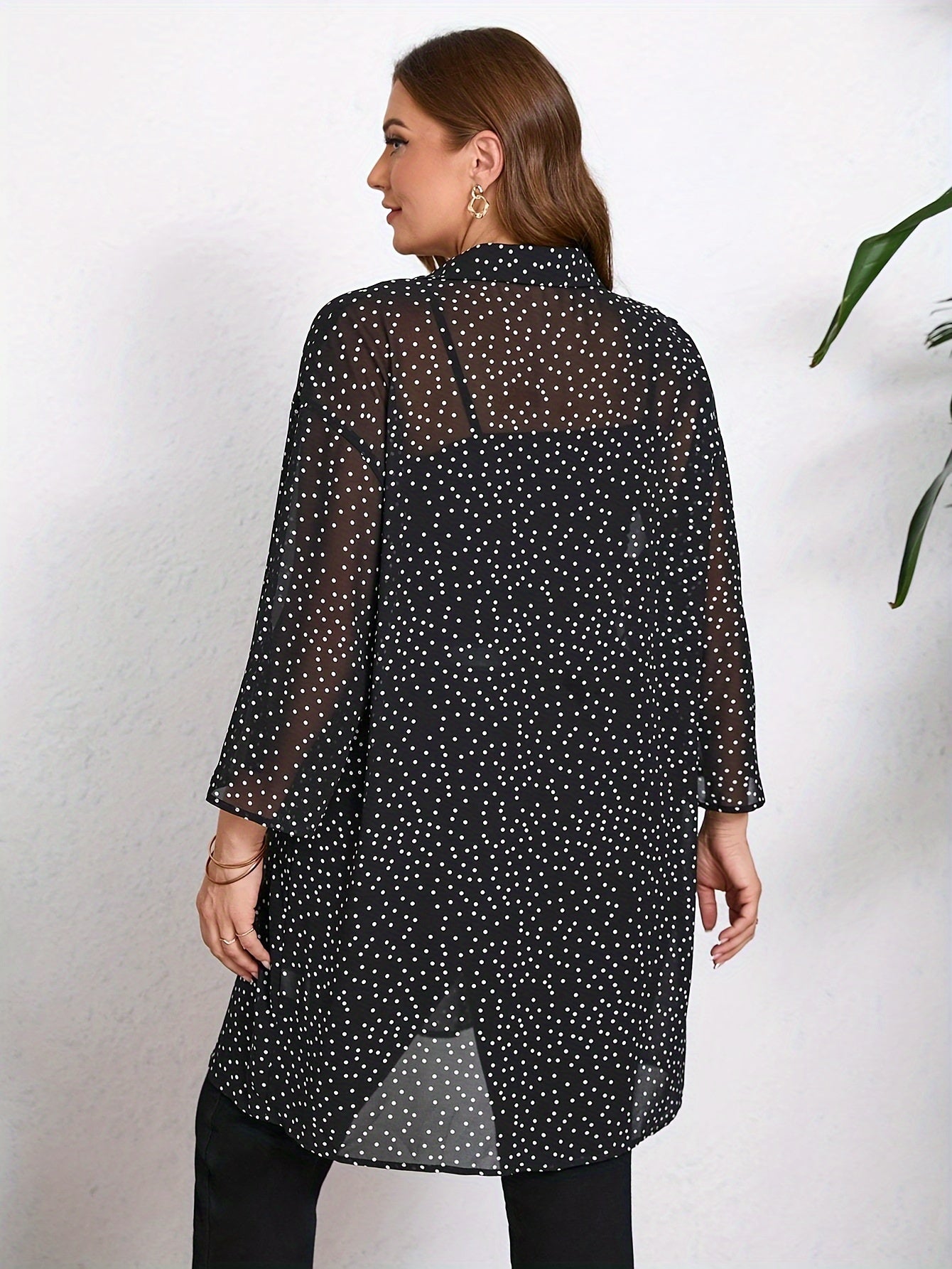 Plus Size Polka Dot Blouse Long Sleeve Cuffed Shirt for Women