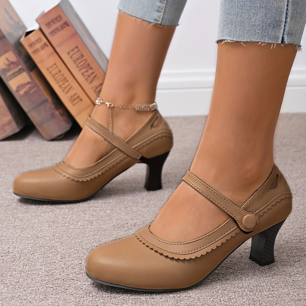 Women's Synthetic Chunky Mid-Heel Pumps with Round Toe and Decorative Strap