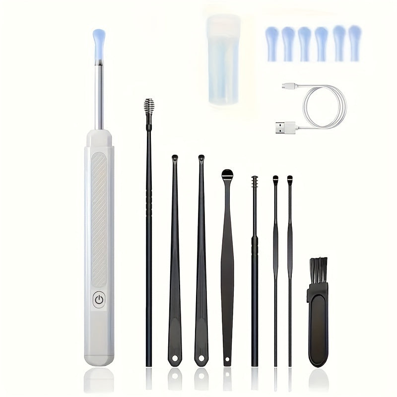 Kamerali yoritilgan quloq qopqog'ini tozalash vositasi, 6 ta silikon quloq qoshiqni o'z ichiga olgan 8 dona to'plam, qayta zaryadlanadigan litiy batareya, USB zaryadlash, 130mAh, zamonaviy quloq qopqog'ini olib tashlash aksessuar.