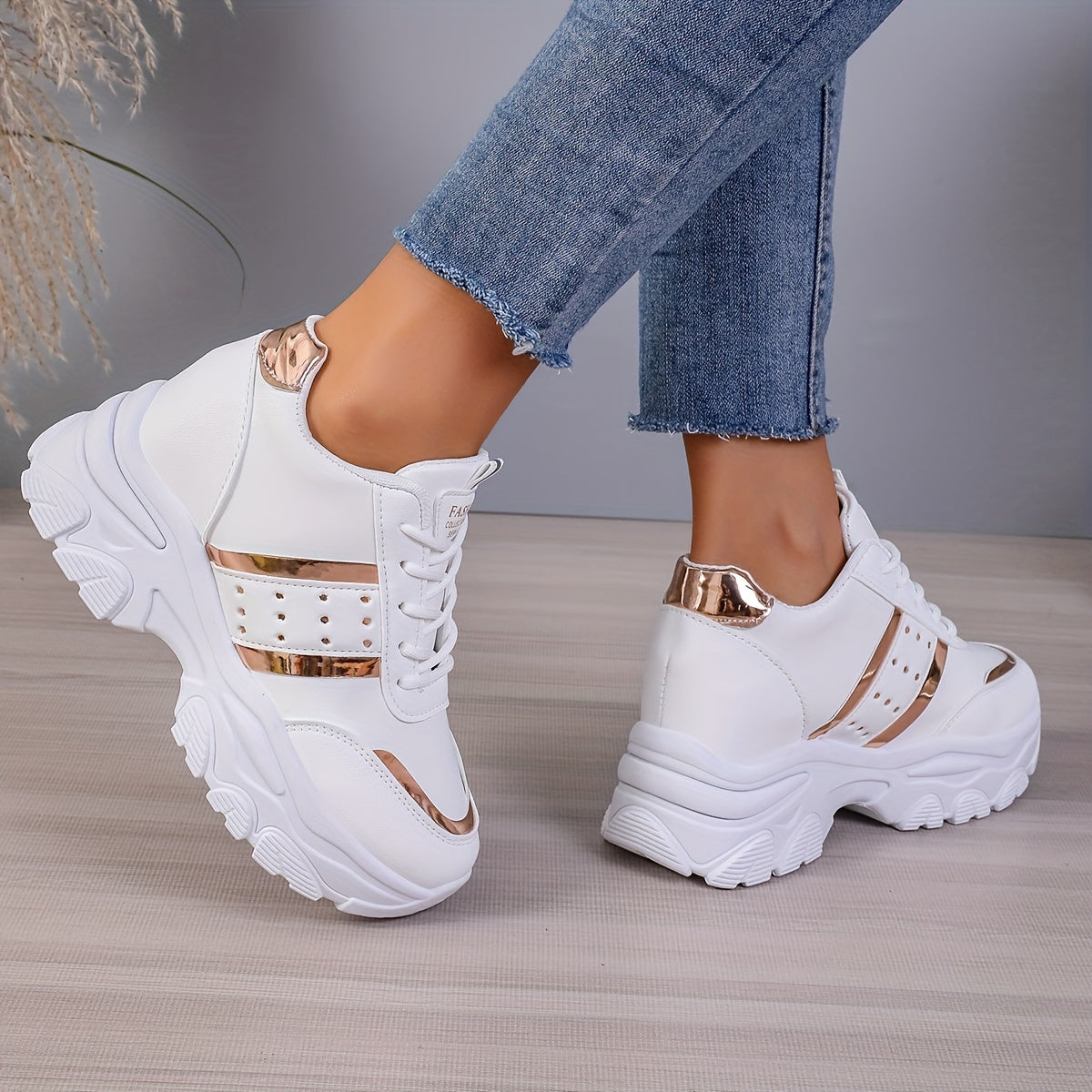 Women's White and Gold Platform Sneakers in Large Size 42 with 8cm Height Boost