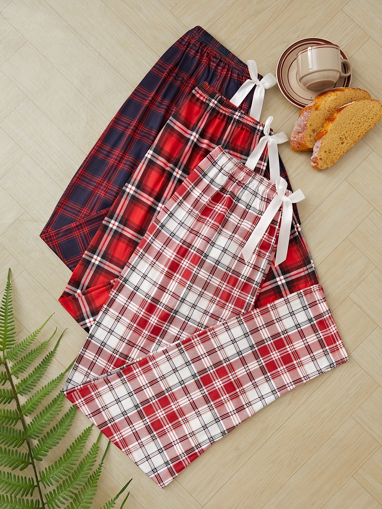 Adult Plaid Sleep Pajama Sets with Front Bow and Micro Elasticity