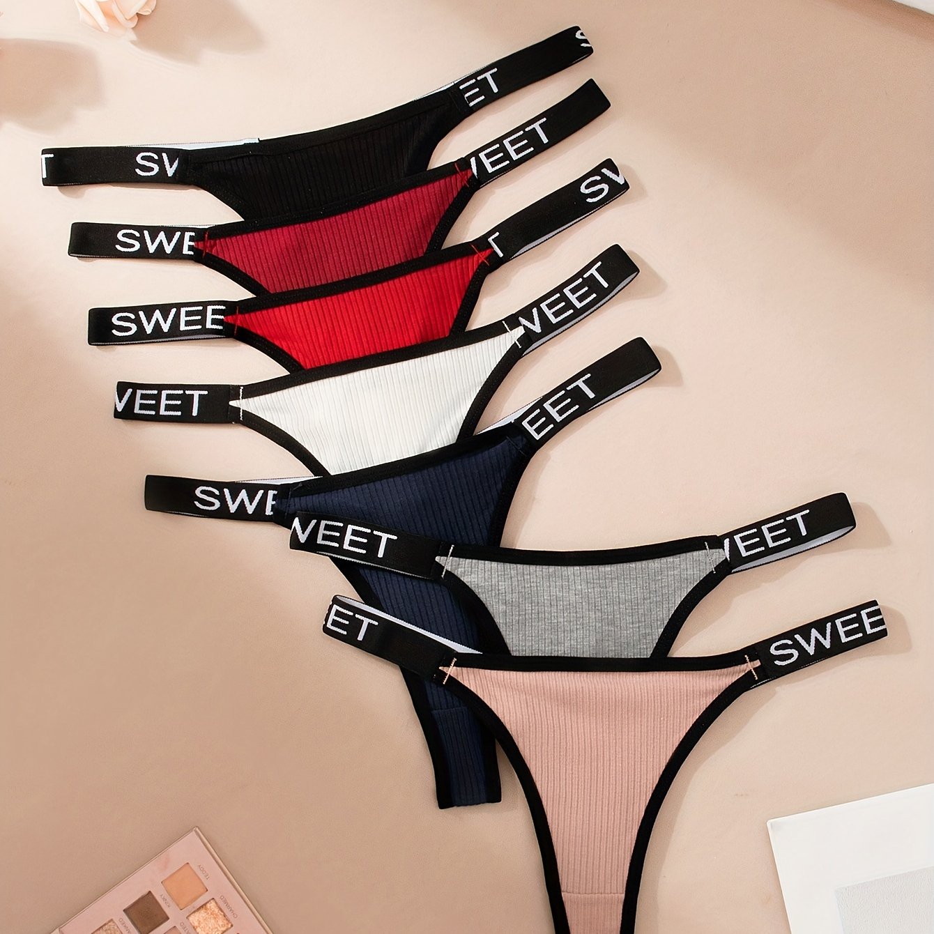 7pcs Women's Letter Tape Contrast Binding Thongs Comfortable Stretch Lingerie