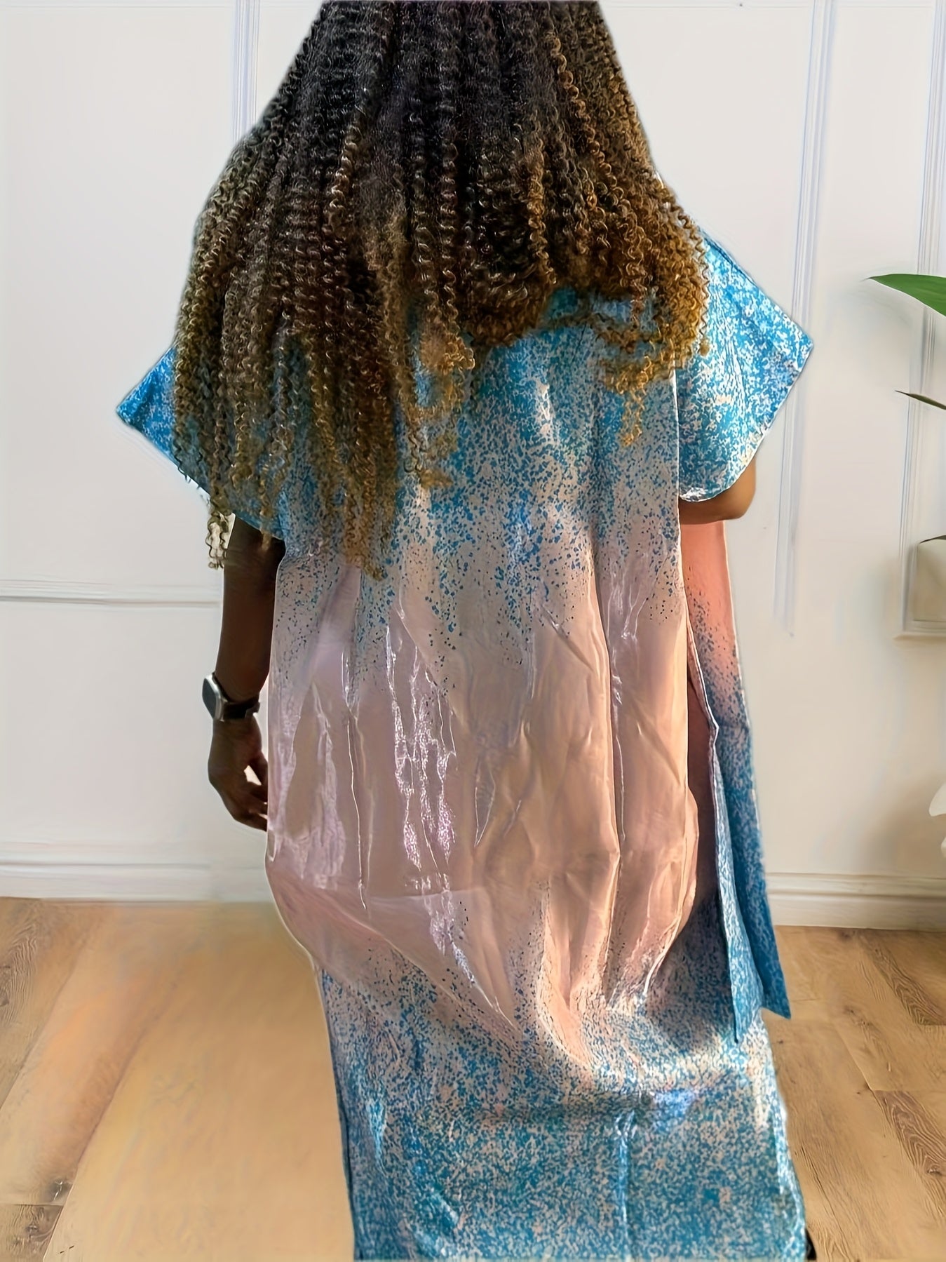 Plus Size Women's Gradient Print Kaftan Dress Short Sleeve Loose Fit Colorful Green Yellow