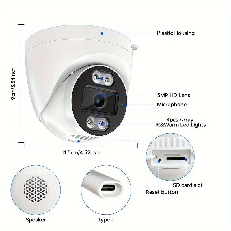 3MP HD Dome Surveillance Camera Indoor Outdoor Night Vision 1440p Two-Way Audio