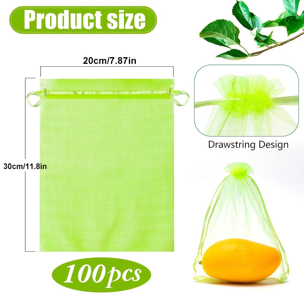Green Breathable Mesh Fruit Protection Bags 100pcs with Drawstring for Grapes Strawberries Lemons