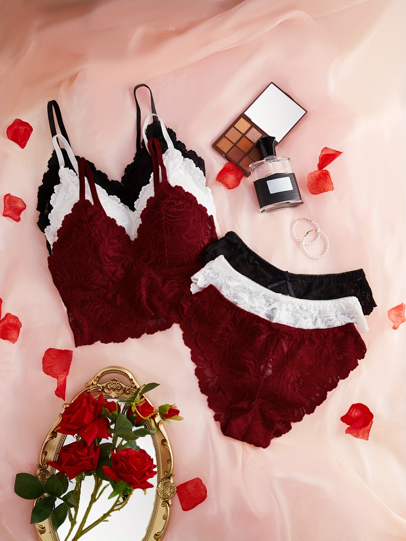 Women's Floral Lace Lingerie Set with Push Up Bra and Bow Panties