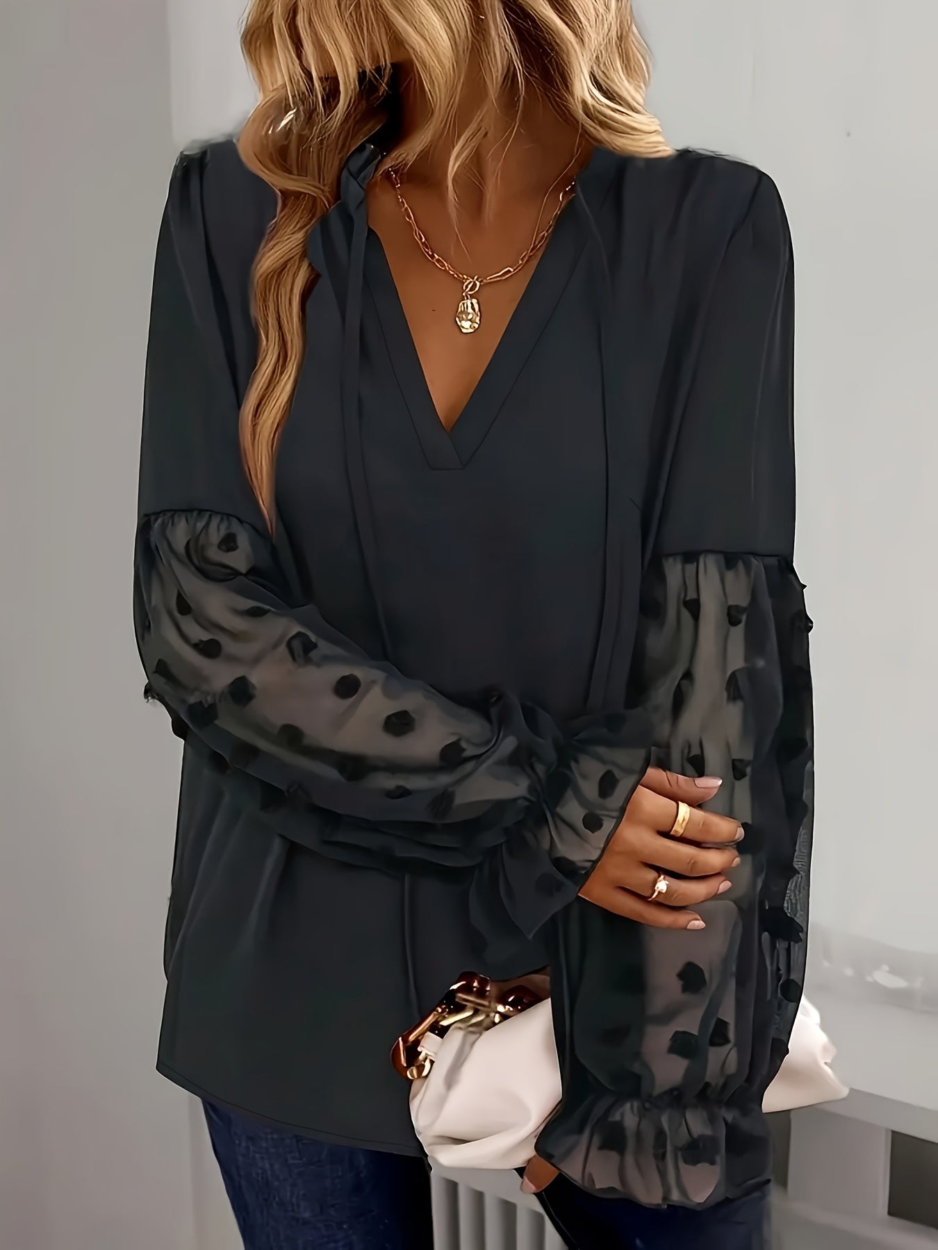 Women's Plus Size Ruffle Shirt with Stand Collar Bow Spandex Top