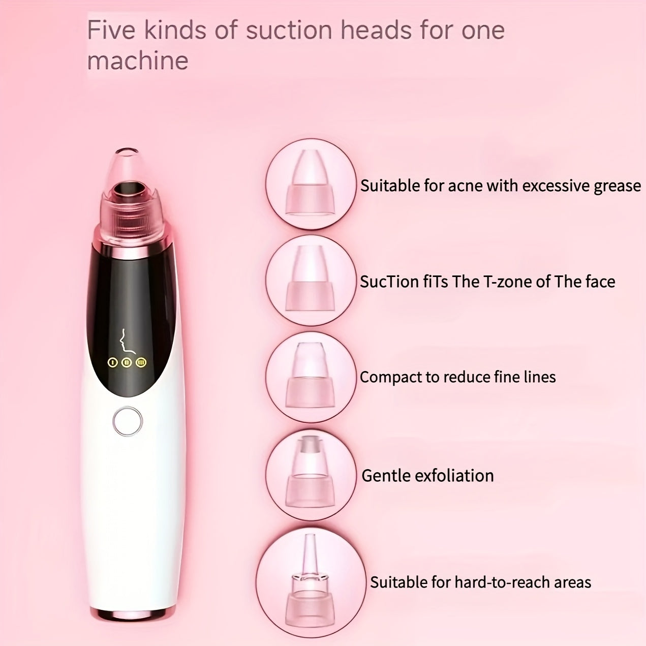 USB Rechargeable Blackhead Remover with Rose Gold Accents Multiple Heads Gentle and Fast Modes