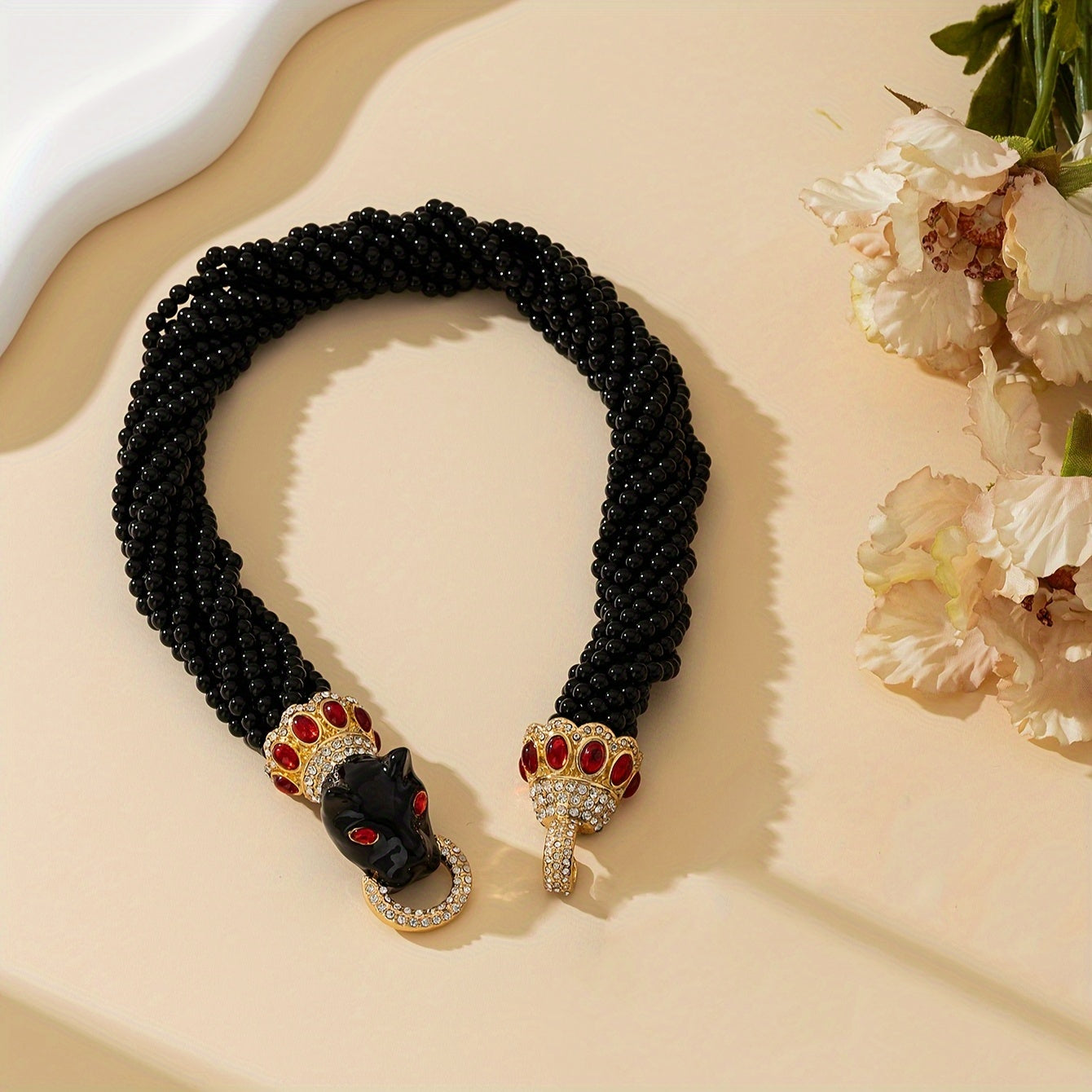 Leopard Print Necklace and Bracelet Set with Glass Beads and Enamel Chain for Women