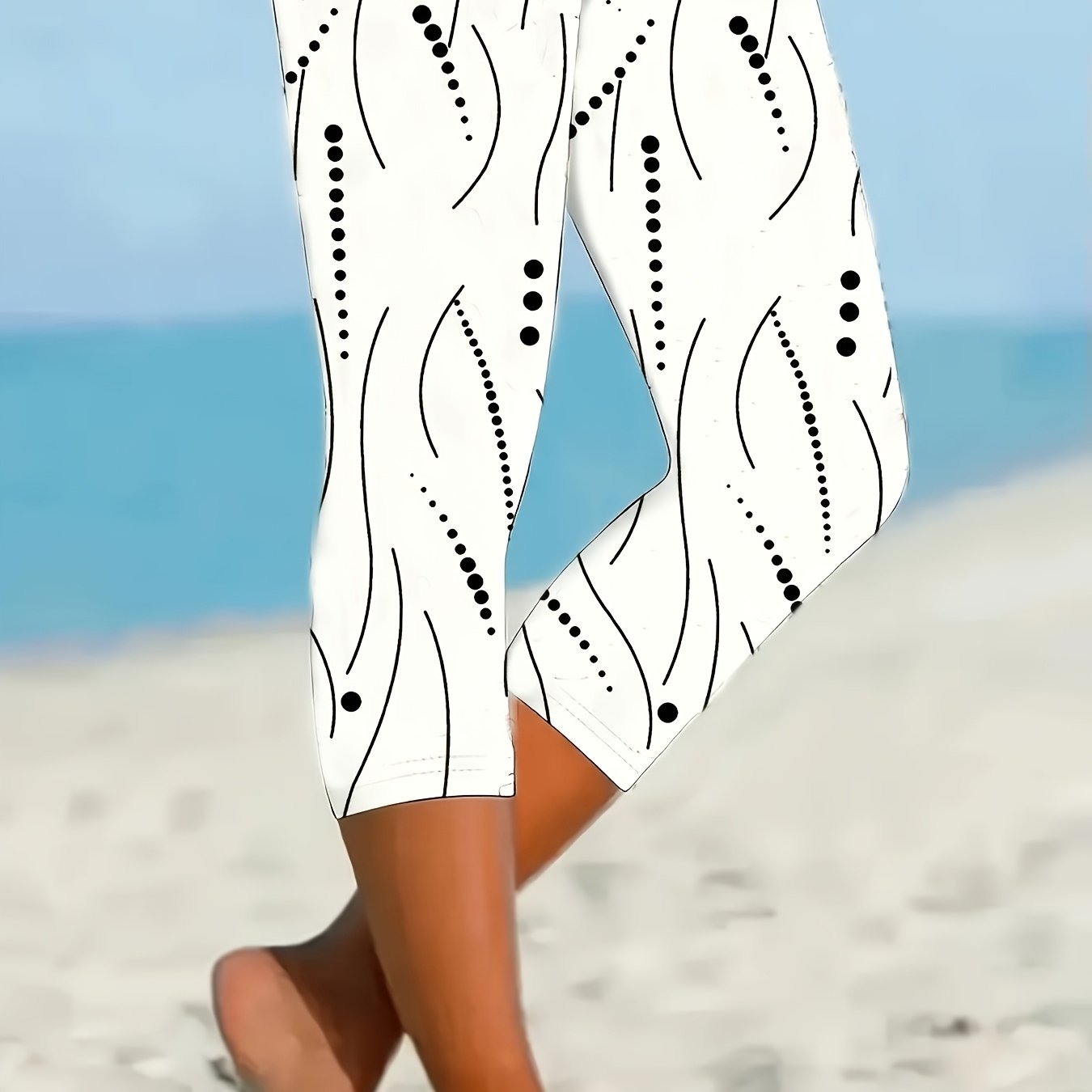 Women's Black and White Abstract Print Leggings with High Waist and Stretchy Fabric