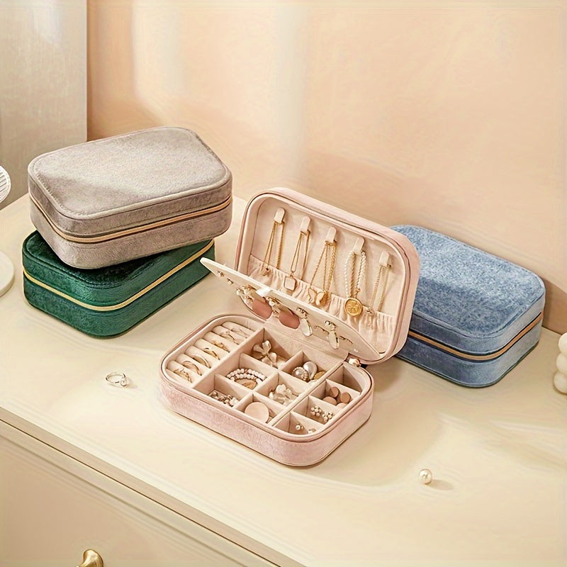 Velvet Jewelry Box with Zipper Closure, 3 Layers, Travel Organizer for Earrings, Necklaces, Rings, Watches