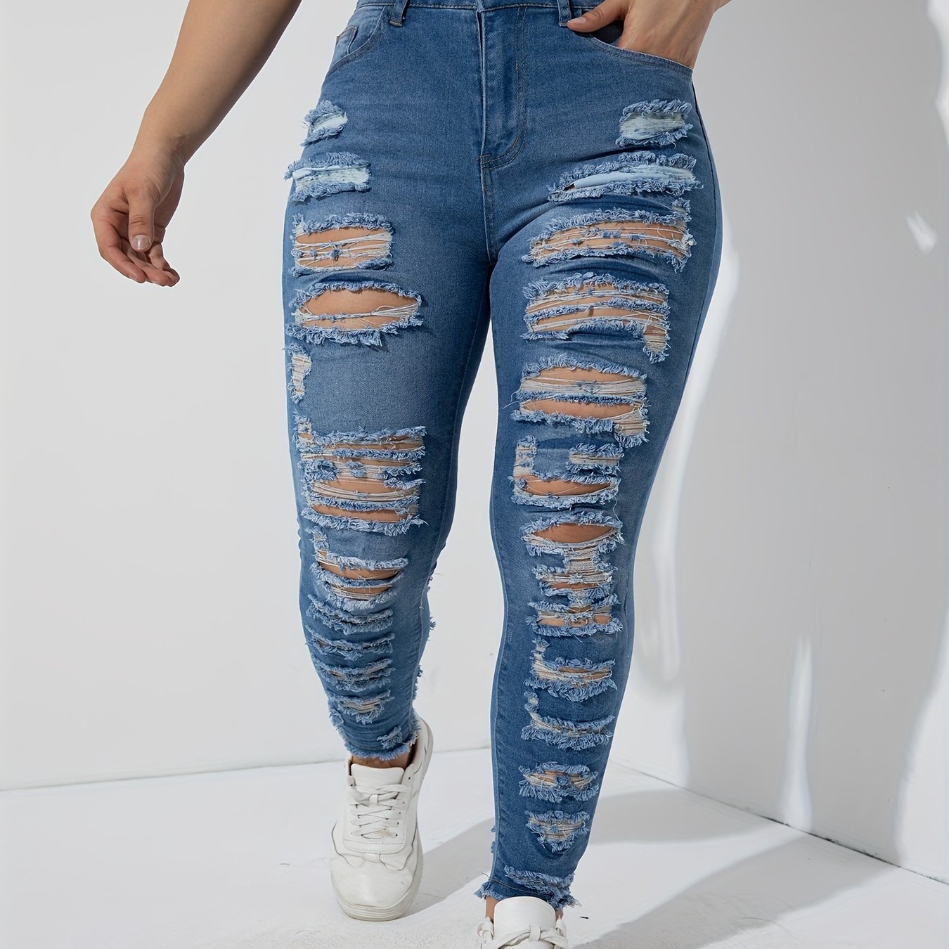 Jeans ajustados rasgados de talla grande para mujer con gran elasticidad y estilo casual