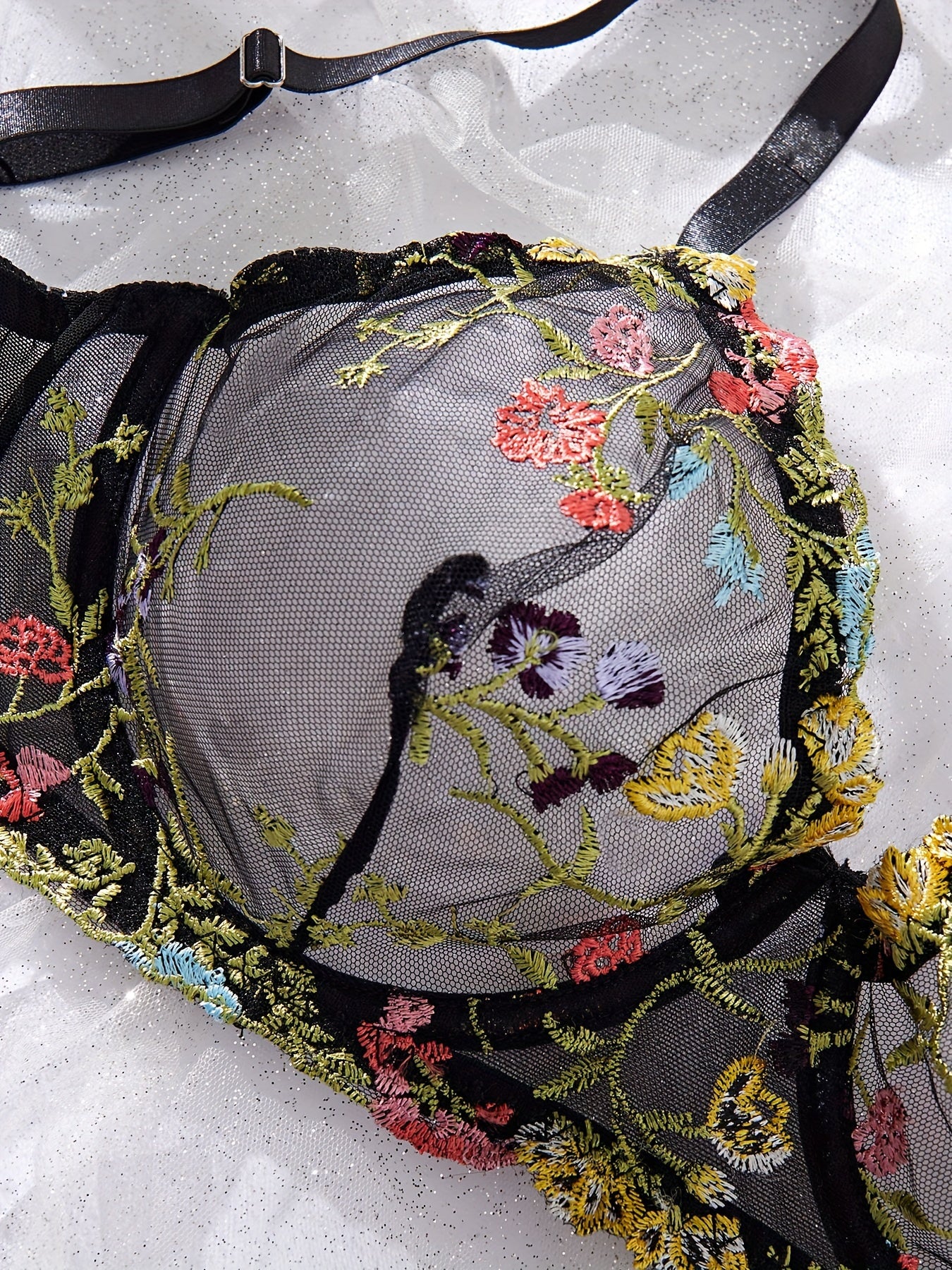 Plus Size Sexy Lingerie Set Floral Embroidery Sheer Mesh Bra and Thong