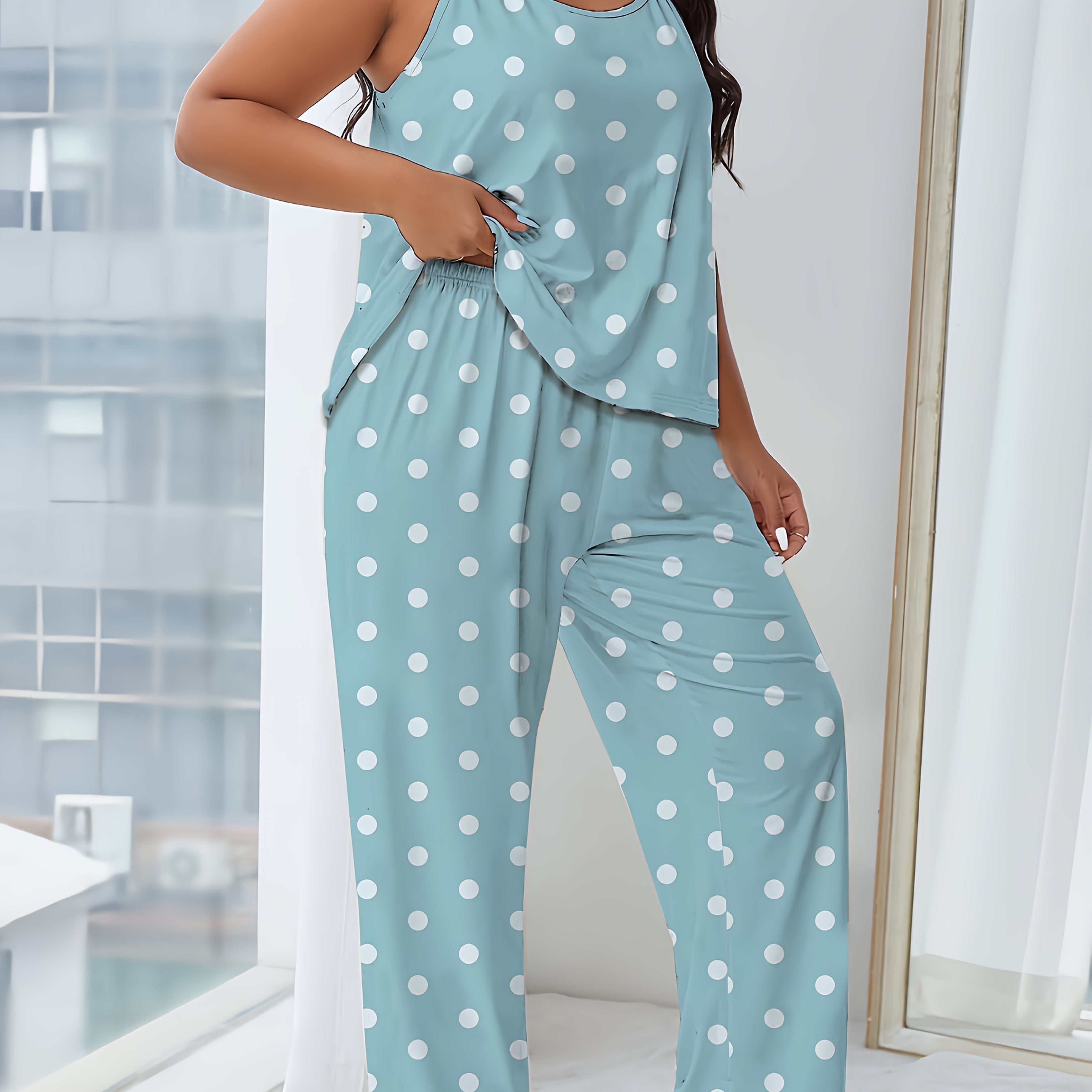 Женский комплект ночной одежды больших размеров с желтым горошком и безрукавными широкими брюками