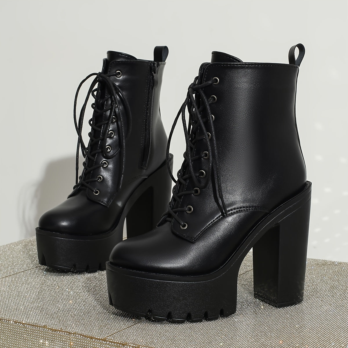 Women Ankle Booties Platform Chunky Heel Black Solid Color Lace-Up Non-Slip Dress Shoes