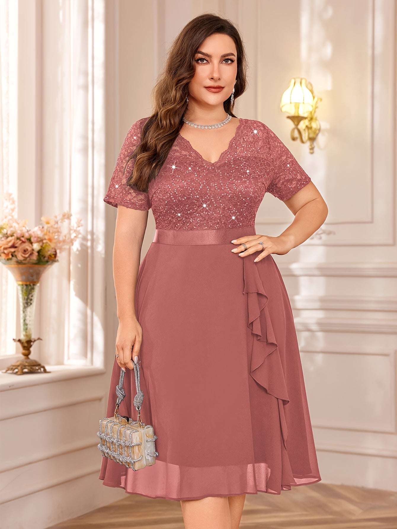 Women's Sequin Lace Chiffon V-Neck Cocktail Party Dress