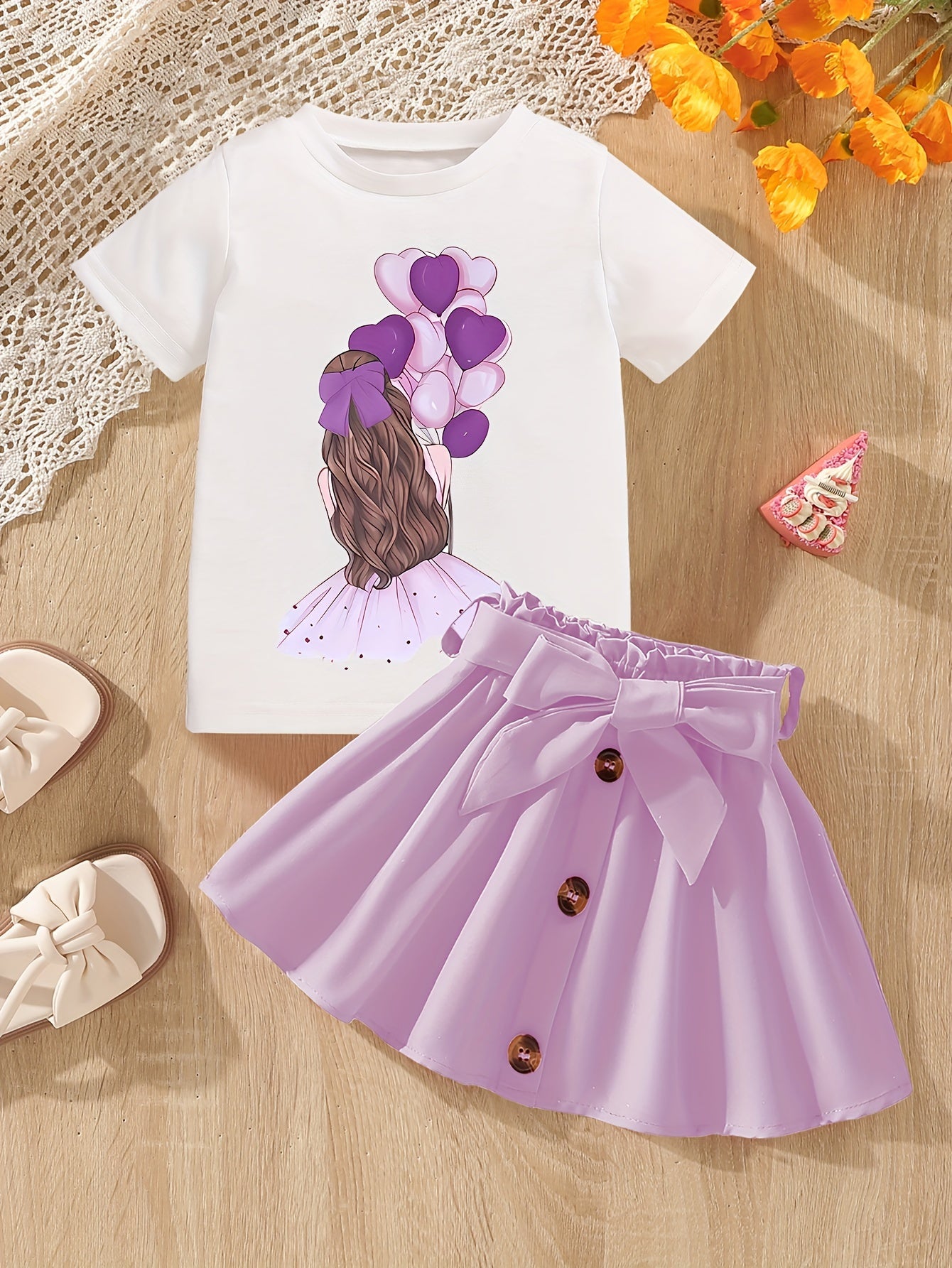 Girls' Summer Cartoon Graphic T-Shirt and Skirt Set in Purple for Toddler Girls