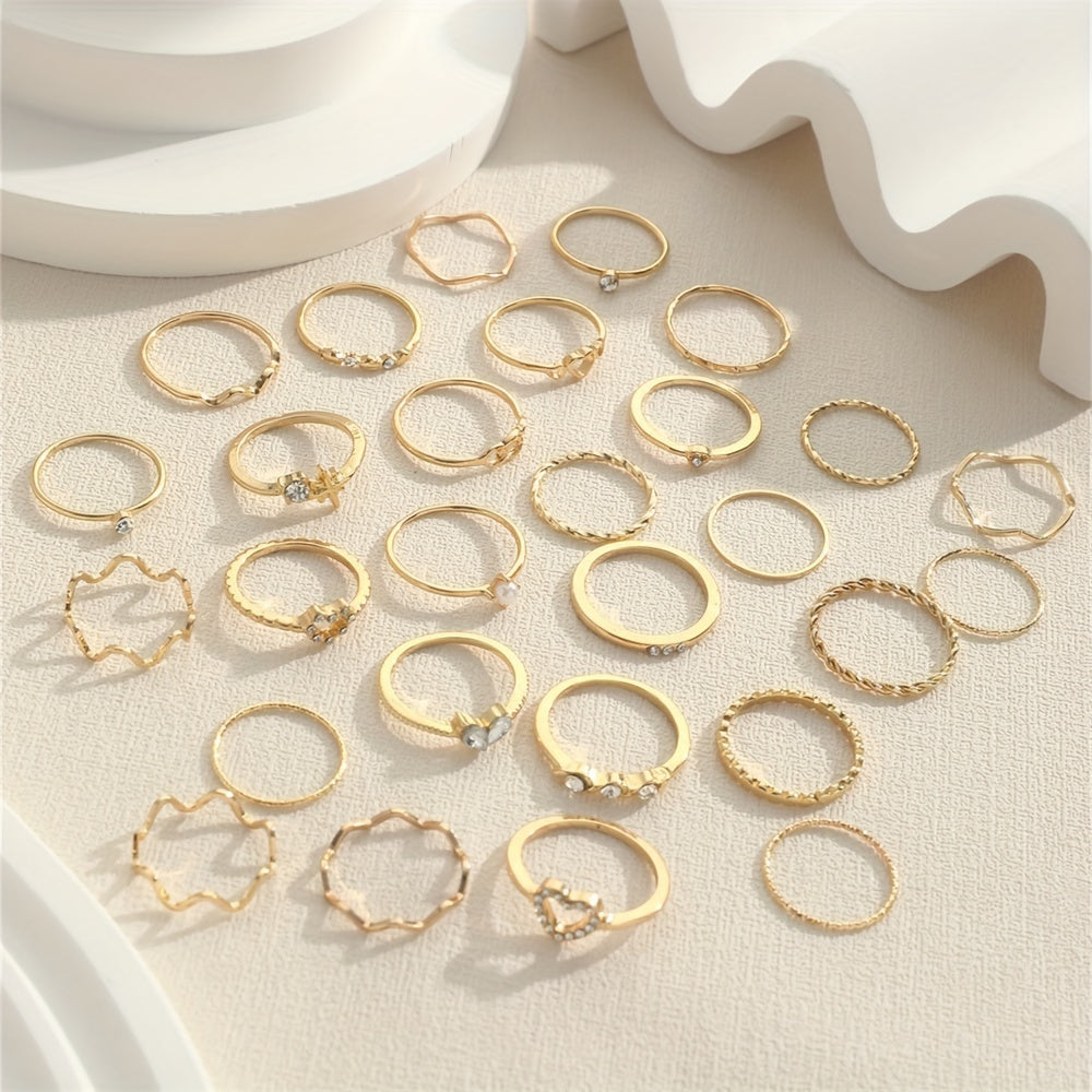 28-Piece Alloy Iron Stacking Rings Set with Heart Geometric and Wavy Designs for Daily Wear