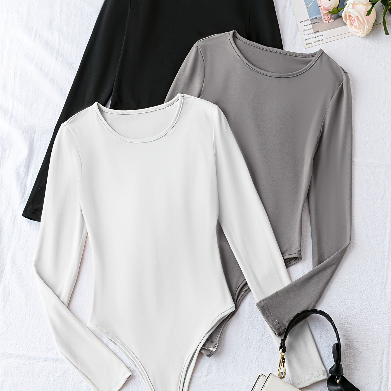 Women's Solid Polyester Crew Neck Long Sleeve Bodysuits Pack of Three Casual One-Piece Clothing