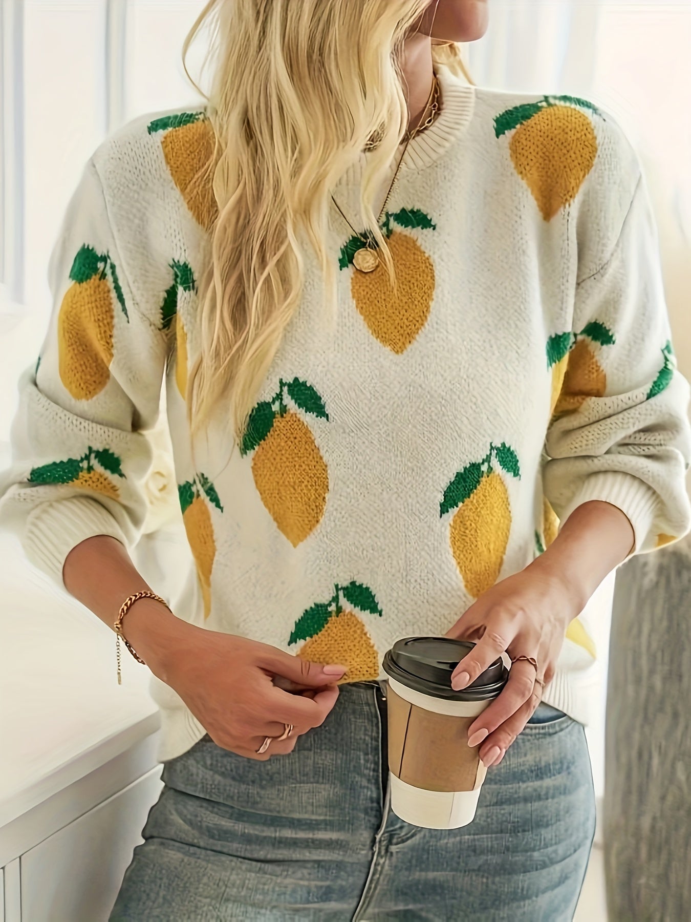 Women’s Acrylic Lemon Pattern Crew Neck Sweater Long Sleeve Casual Pullover