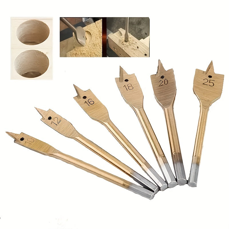 6-Piece Titanium-Coated Flat Drill Bit Set for Woodworking 10mm to 25mm