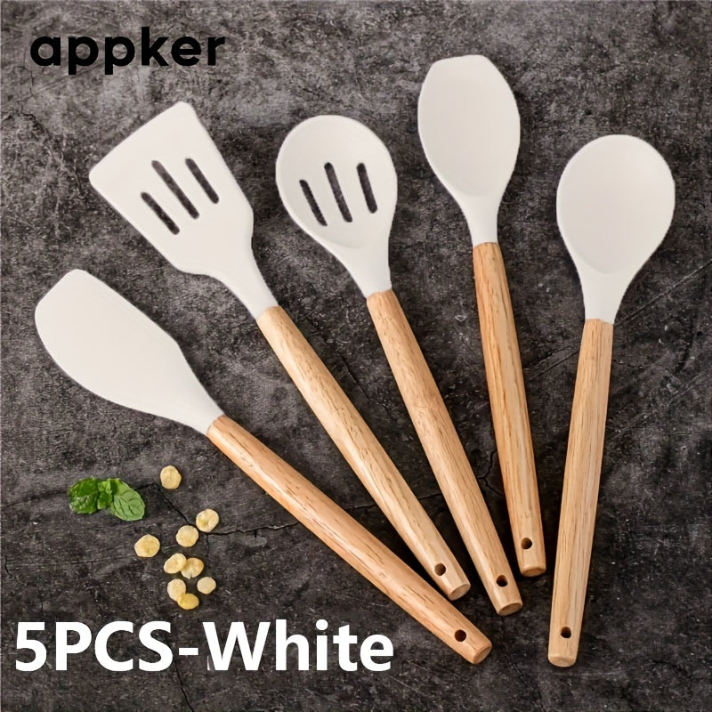 12-Piece Non-Stick Silicone Kitchen Utensil Set with Wooden Handles Heat-Resistant Durable Safe for Cooking and Baking