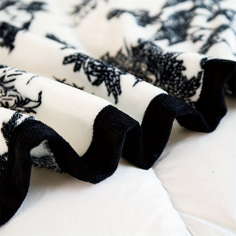 Black and White Floral Flannel Throw Blanket with Lace Embellishments All-Season Hypoallergenic Machine Washable