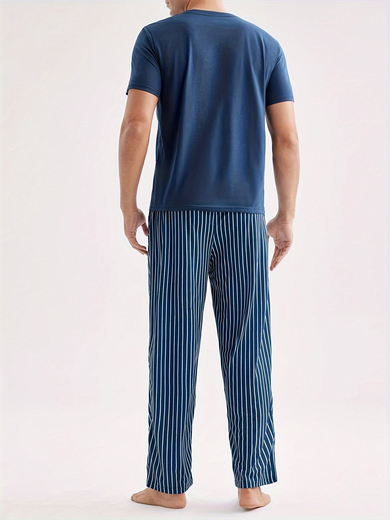 Men's Casual Short Sleeve Pajama Set with Striped Pants Made of Polyester Knit Fabric