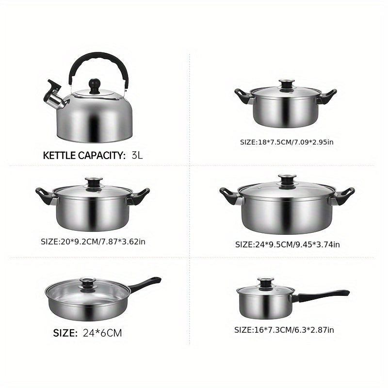 12-Piece Stainless Steel Cookware Set with Soup Pots Milk Pots and Kettle Natural Wood Grain Finish