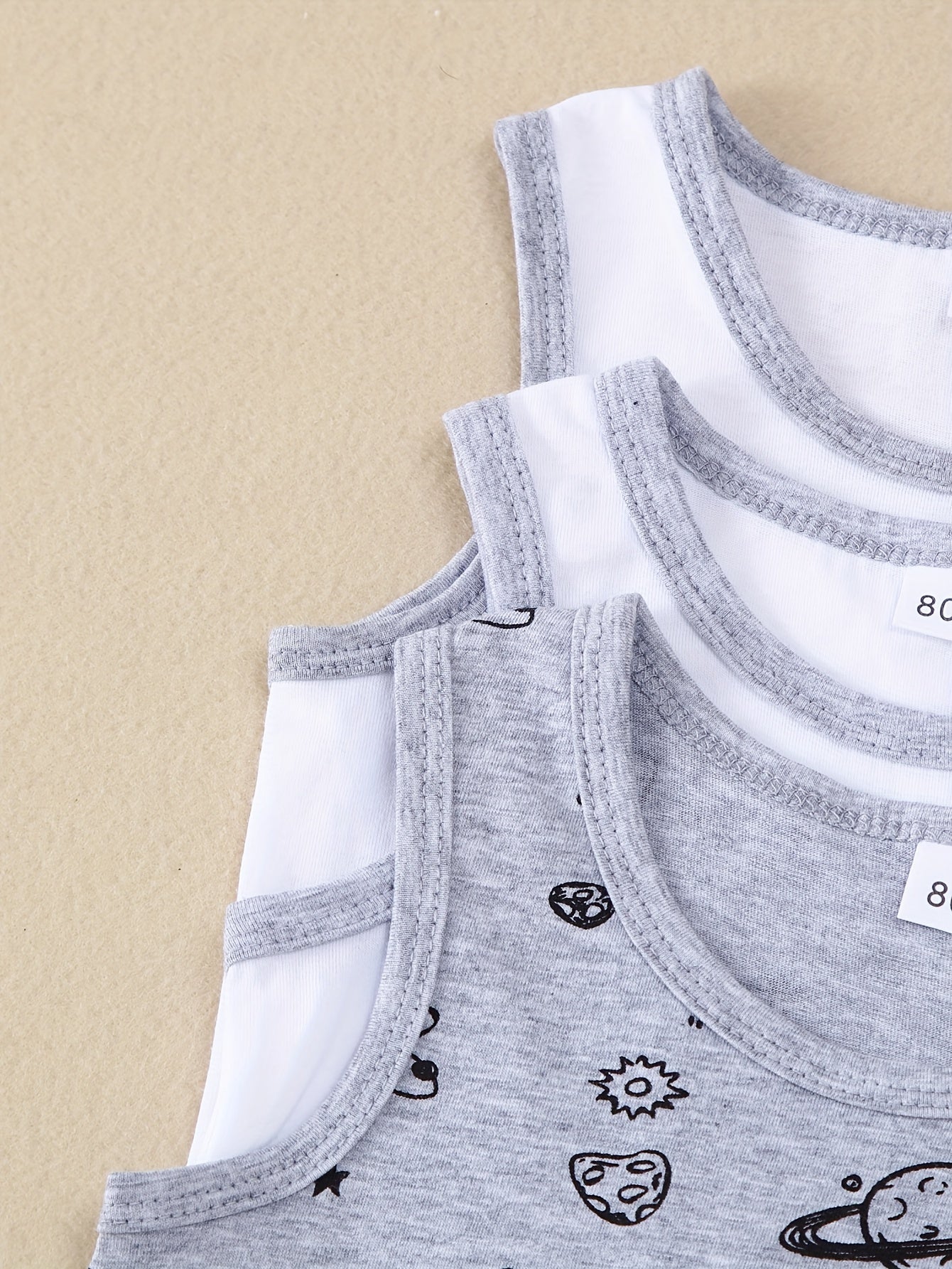 Kids' Cotton Vests 3-Pack with Astronaut Space Themes Crew Neck Moisture-Wicking Regular Fit Gray Black