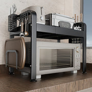 2 Tier Expandable Microwave Oven Rack with Hooks Pot Lid Support Spice Jar Organizer