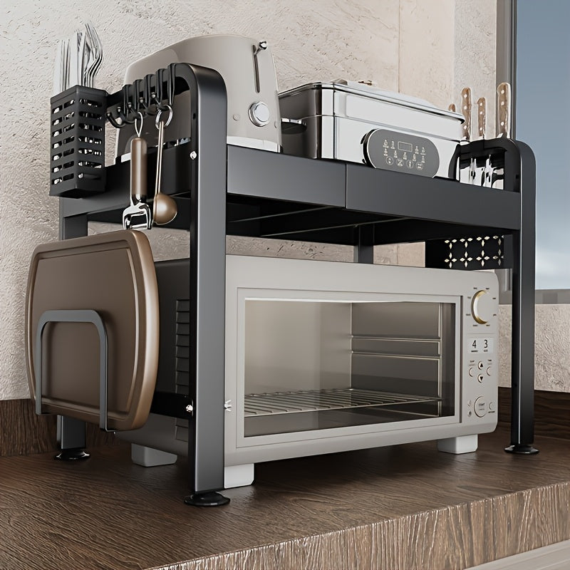 2 qatlamli kengaytiriladigan mikroto'lqinli pech uchun javon, quloqlar bilan, qozon qopqog'i uchun tasmalar, ziravorlar bankasi tashkilotchisi