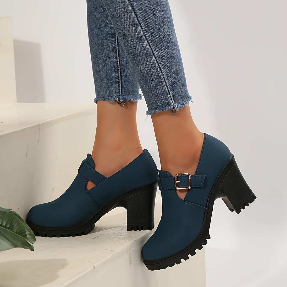 Women's Black Chunky Heel Pumps with Buckle Strap and Rubber Sole