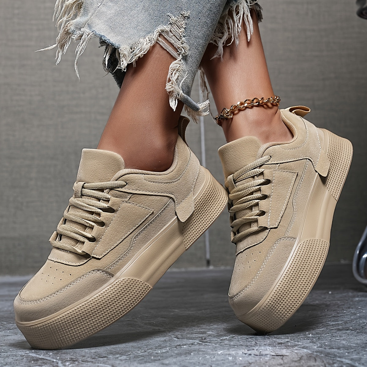 Women's Low Top Skateboard Sneakers with Solid Color Block Design and Height Increase EVA Sole