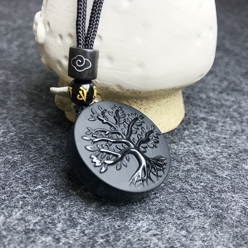 Men's Obsidian Life Tree Pendant Necklace Natural Black Stone Jewelry